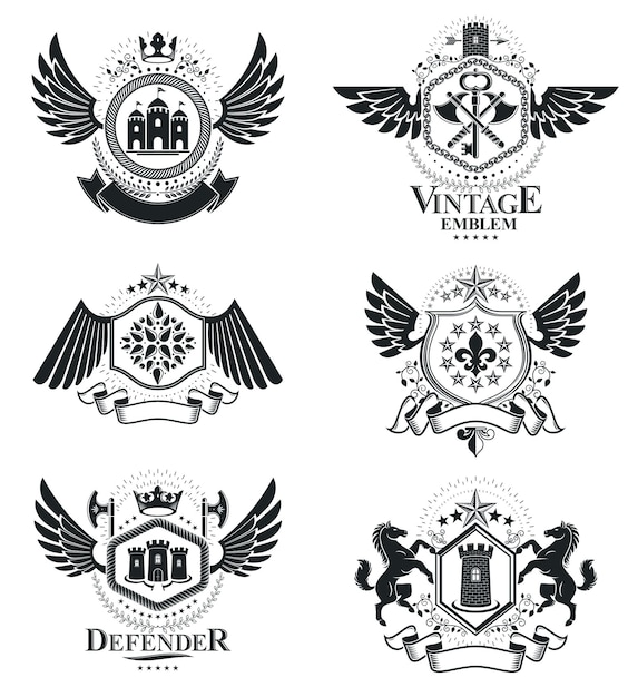 Vintage decorative emblems compositions, heraldic vectors. classy high quality symbolic illustrations collection, vector set.