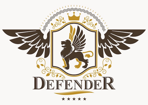 Vintage decorative heraldic vector emblem composed using eagle wings, wild lion illustration and pentagonal stars