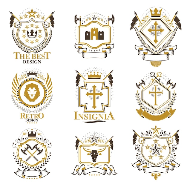 Vintage decorative heraldic vector emblems composed with elements like eagle wings, religious crosses, armory and medieval castles, animals. Collection of classy symbolic illustrations.