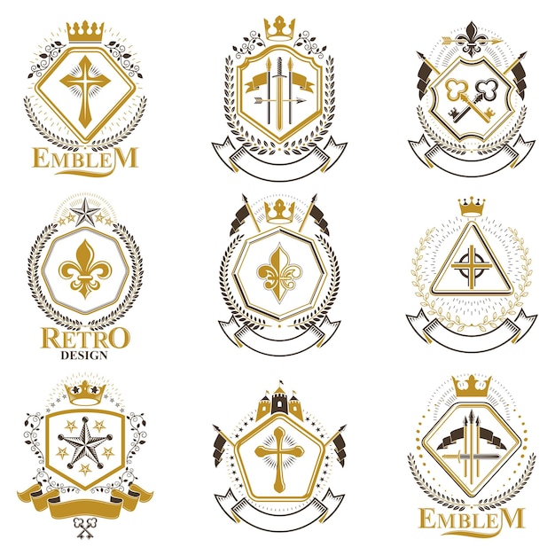 Vector vintage decorative heraldic vector emblems composed with elements like eagle wings, religious crosses, armory and medieval castles, animals. collection of classy symbolic illustrations.