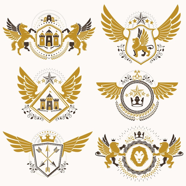 Vintage decorative heraldic vector emblems composed with elements like eagle wings, religious crosses, armory and medieval castles, animals. Collection of classy symbolic illustrations.