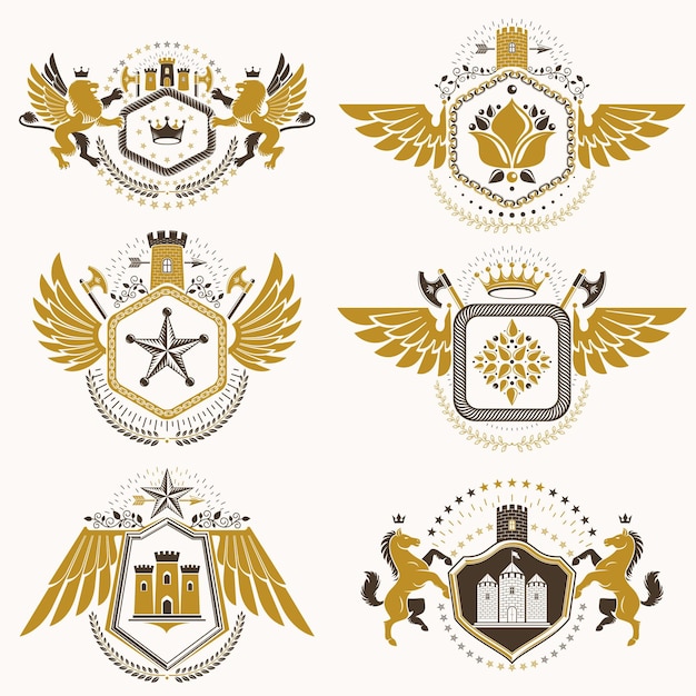 Vector vintage decorative heraldic vector emblems composed with elements like eagle wings, religious crosses, armory and medieval castles, animals. collection of classy symbolic illustrations.