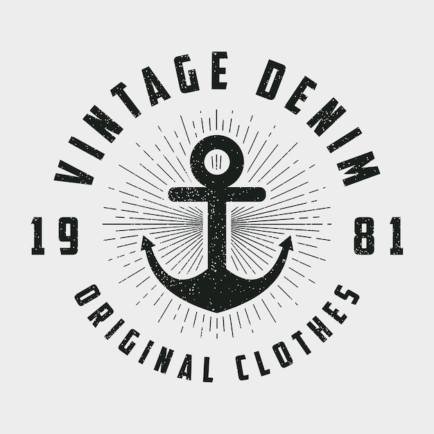 Vintage denim print for tshirt original clothes design with anchor and line sunburst