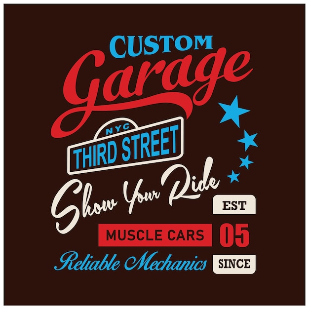 Vettore illustrazione vettoriale premium di t-shirt tipografia garage personalizzato design vintage
