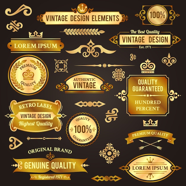 Elementi di design vintage d'oro. distintivo, etichetta, set decorativo separatore