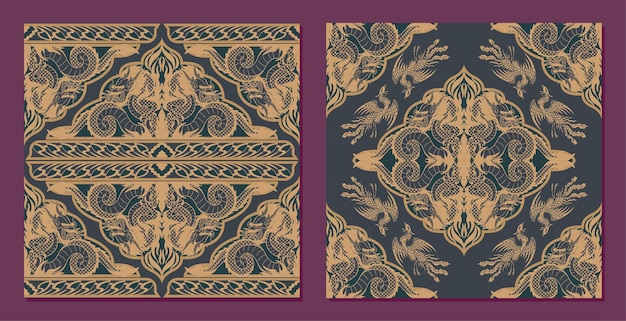Vintage design of gold dragon and phoenix pattern for carpet decoration and tile or bandana template