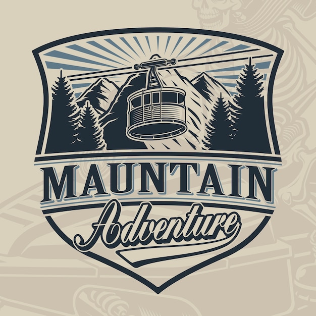 Vintage design of a ski lift with mountains on light background.