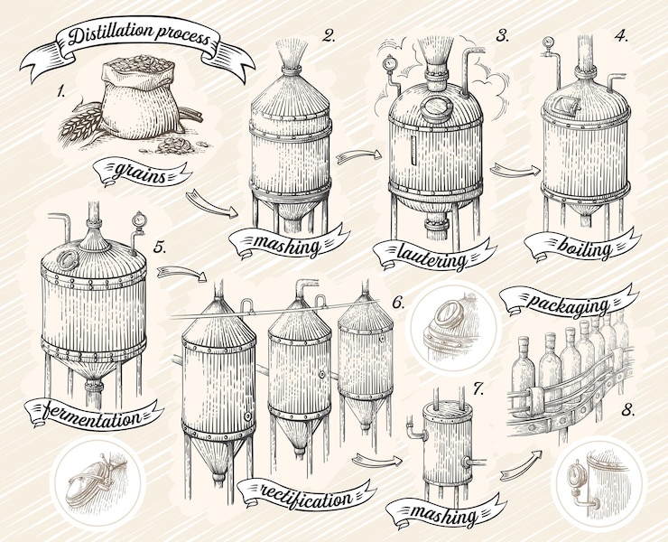 Vector vintage distillation apparatus sketch. moonshining vector illustration distillation process