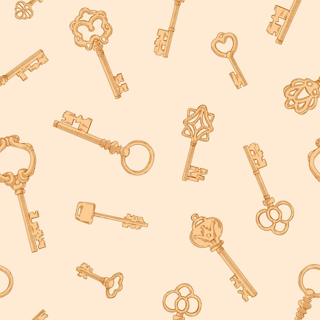 Vintage door keys pattern. Seamless handdrawn monochrome background with antique repeating print. Endless texture design in classic victorian style. Printable hand-drawn vector illustration for decor.