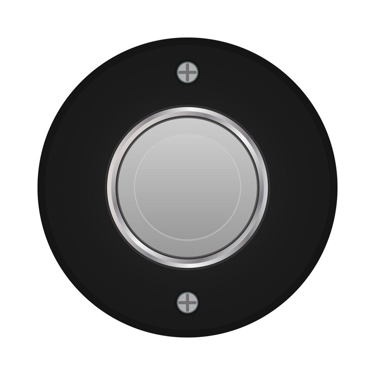 Vector vintage doorbell button with a metallic center encased in a black case secured with screws
