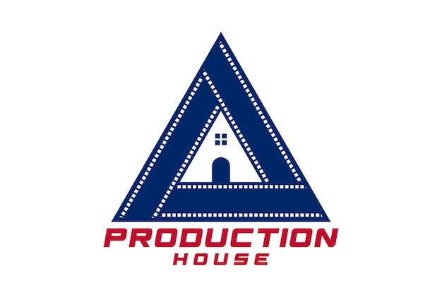 Vintage driehoek filmstrip met huis voor movie cinema production studio-logo