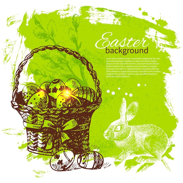 Vintage easter background with hand drawn sketch illustrations