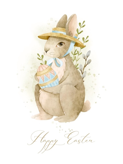 カラフルな卵を保持している帽子とビンテージ イースターのウサギ。グリーティング カードの水彩イラスト