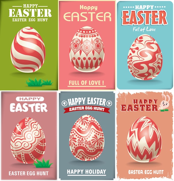 Vintage Easter Egg poster design set with Easter bunny