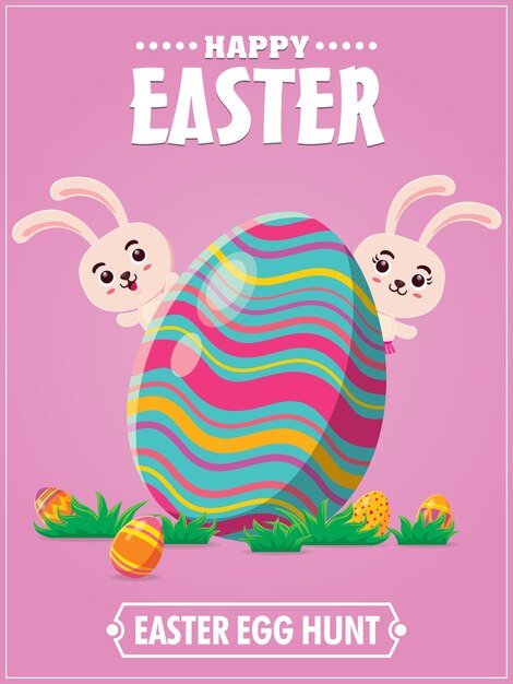 부활절 토끼와 빈티지 부활절 달걀 포스터 디자인