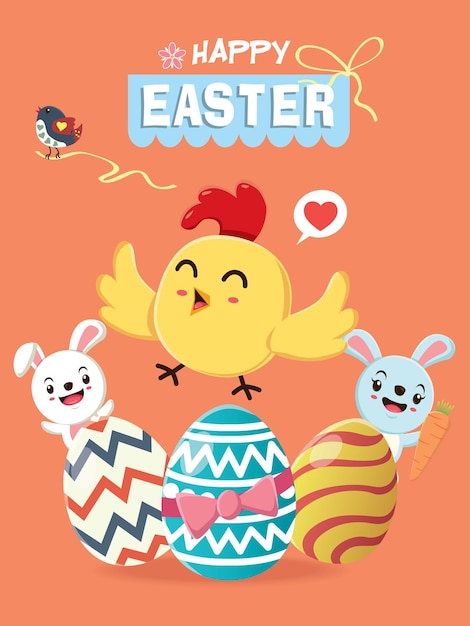 부활절 토끼 병아리와 빈티지 부활절 달걀 포스터 디자인