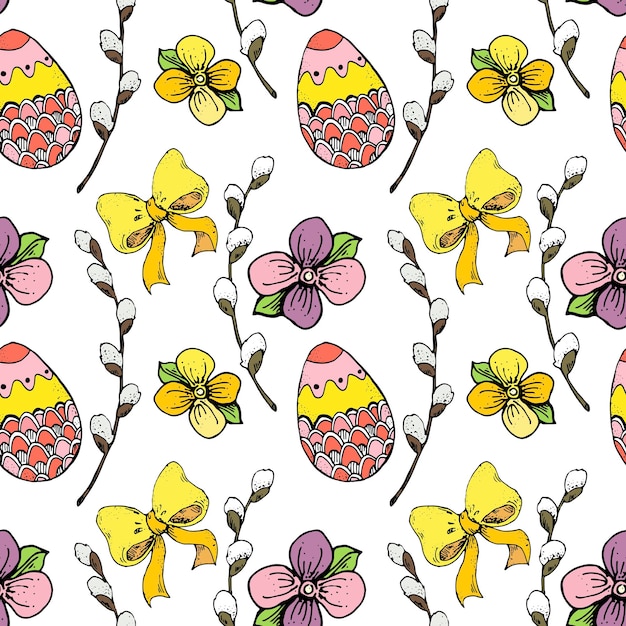 Vintage Easter hand drawn pattern Seamless spring patterh with easter eggs bow willow branches