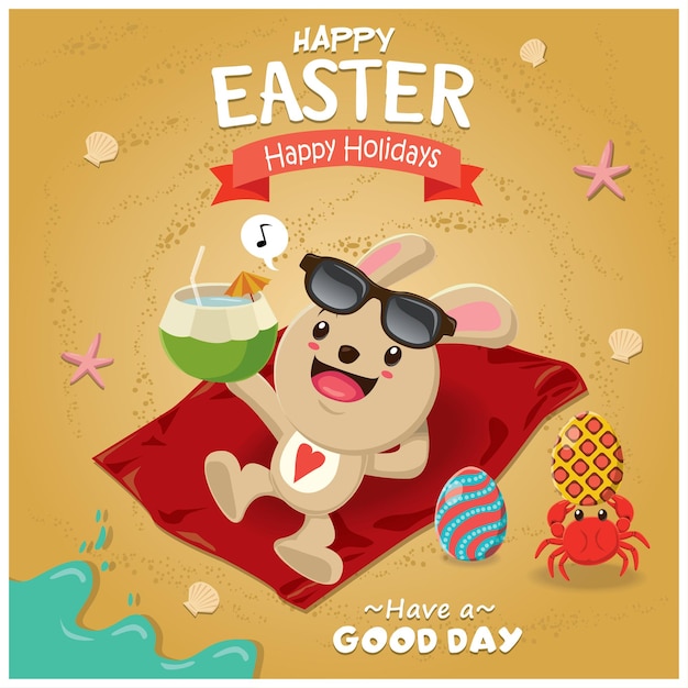 Винтажный пасхальный плакат пляжный дизайн с пасхальным кроликом