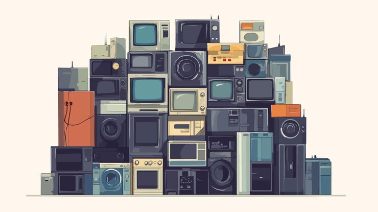 Vector vintage electronic appliances towering stack concept