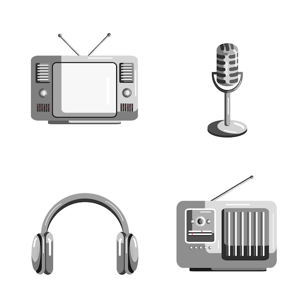 Vintage electronic collection illustration, tv headphones, radio, microphone