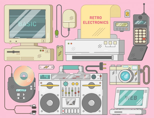 Vector vintage electronics collection from 90s