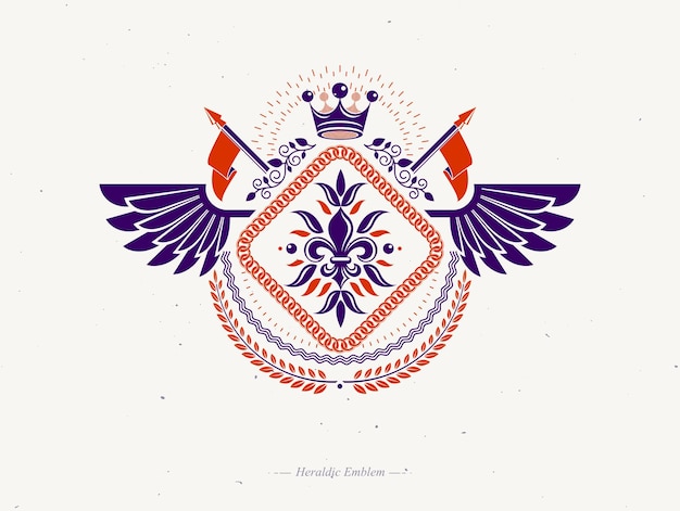 Vintage emblem made in vector heraldic design. Winged emblem created using lily flower royal symbol and imperial crown