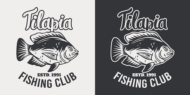 Illustrazione isolata retro del pesce d'annata di tilapia dell'emblema su un bianco.