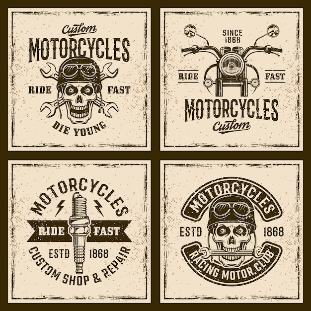 Vintage emblemen, badges, stempels of t-shirtafdrukken van motorfietsen op grungeachtergrond