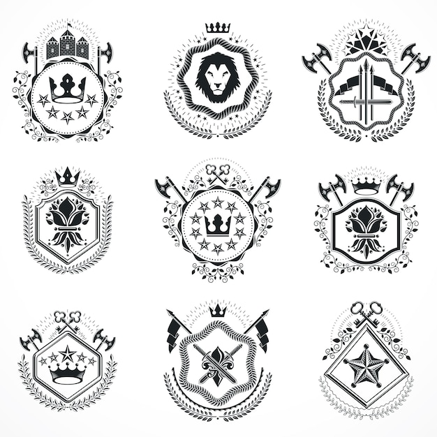 Vintage emblems, vector heraldic designs. Coat of Arms collection, vector set.