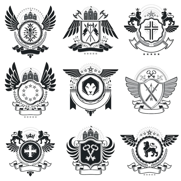 Vector vintage emblems, vector heraldic designs. coat of arms collection, vector set.