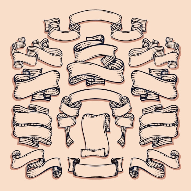 벡터 빈티지 새겨진 손으로 그린 리본 배너 세트