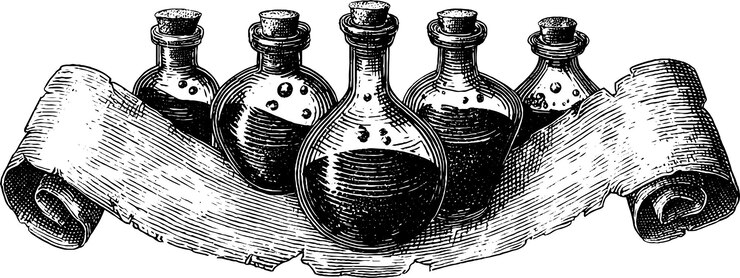 Vector vintage engraved illustration of magical potion bottles with scroll for fantasy design
