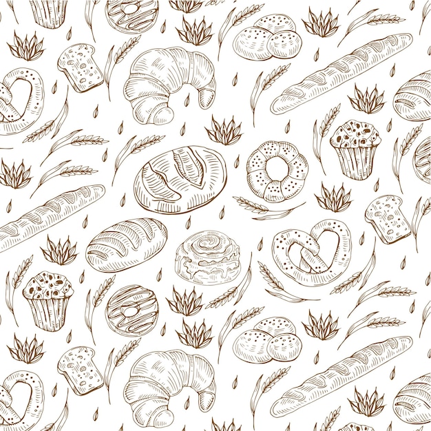 Vintage engraving bakery seamless pattern.