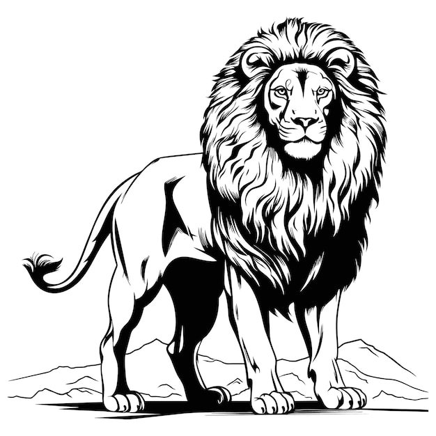 Винтажная гравюра изолированный король лев набор иллюстраций чернильный эскиз Африка дикая кошка фон силуэт животного искусство Черно-белое рисованное векторное изображение