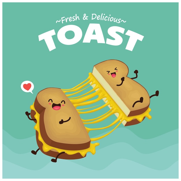 Vintage eten posterontwerp met vector toast karakters