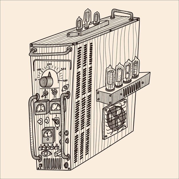 Vettore computer a tubo fantastico vintage con vari interruttori, interruttori e indicatori