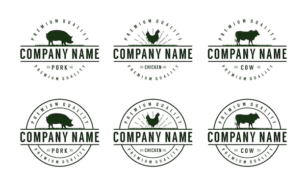 Vintage farm bovini maiale pollo bestiame manzo emblema etichetta logo design vector