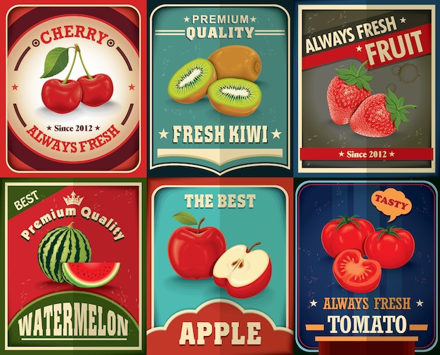 Vector vintage farm fresh fruit poster design set