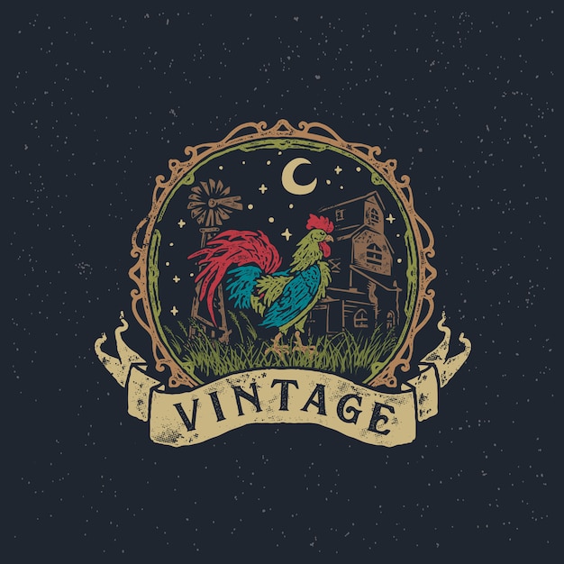 Vintage farm rooster and hen hand drawn illustration