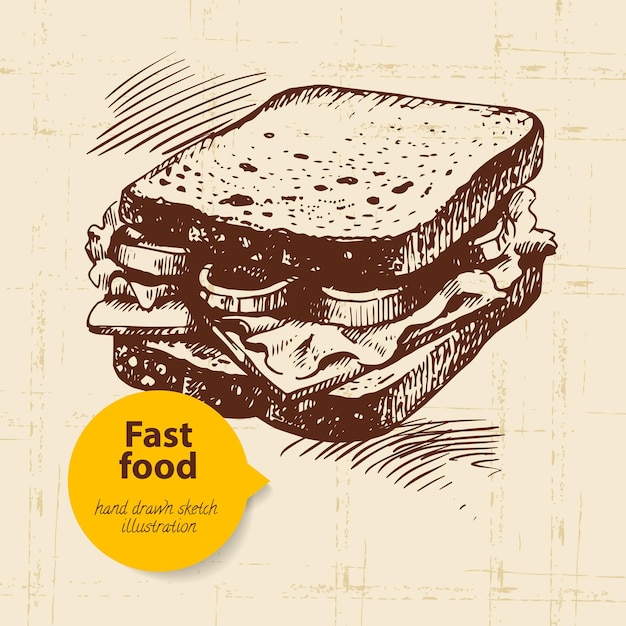 Sfondo vintage fast food. illustrazione disegnata a mano. progettazione del menu