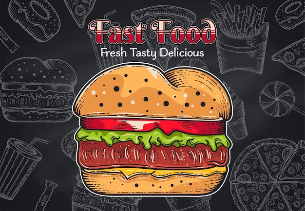 vintage fast food background. hand drawn illustration