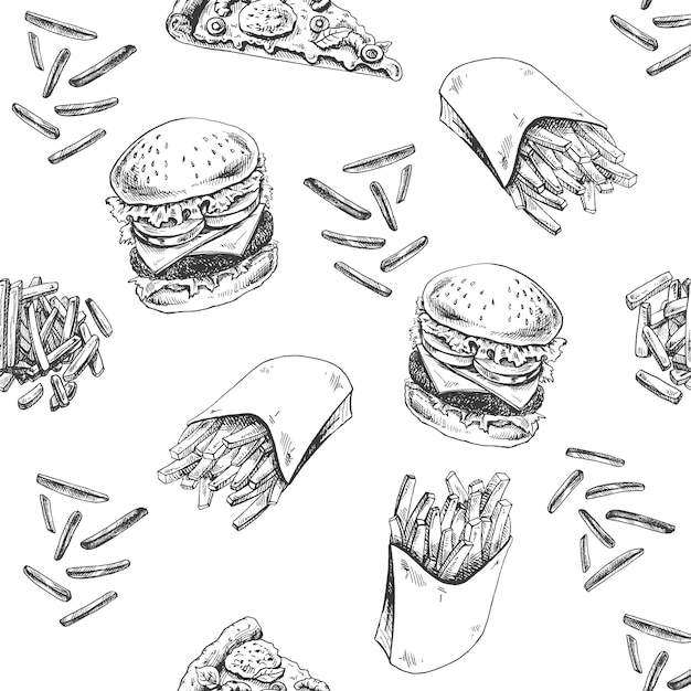 감자튀김과 버거를 곁들인 빈티지 패스트푸드 손으로 매끄러운 패턴을 그렸습니다.