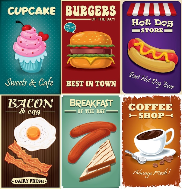 Vector vintage fast food poster design set with coffee cupcake burger hot dog bacon and egg