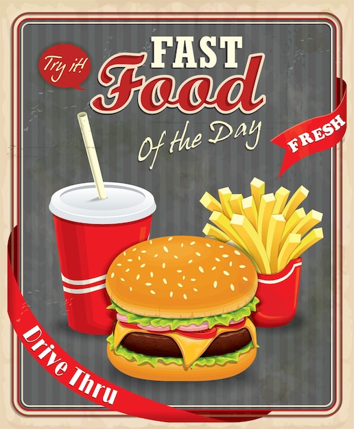 Vintage fastfood posterontwerp met hamburgers friet amp drankje