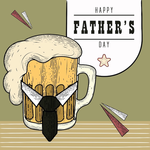 Vettore poster vintage del giorno del padre con un bicchiere di birra con schiuma e una cravatta