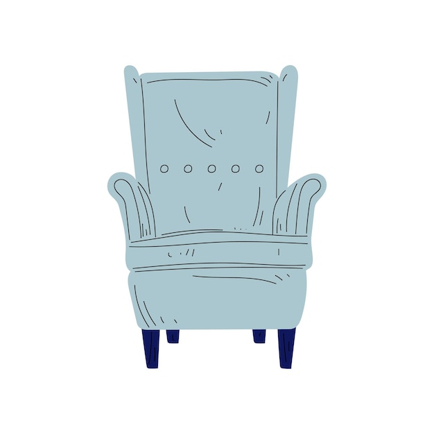 Vintage fauteuil op houten benen Gepolsterde meubels met lichtblauwe bekleding Interieurontwerp Element Vector illustratie op witte achtergrond