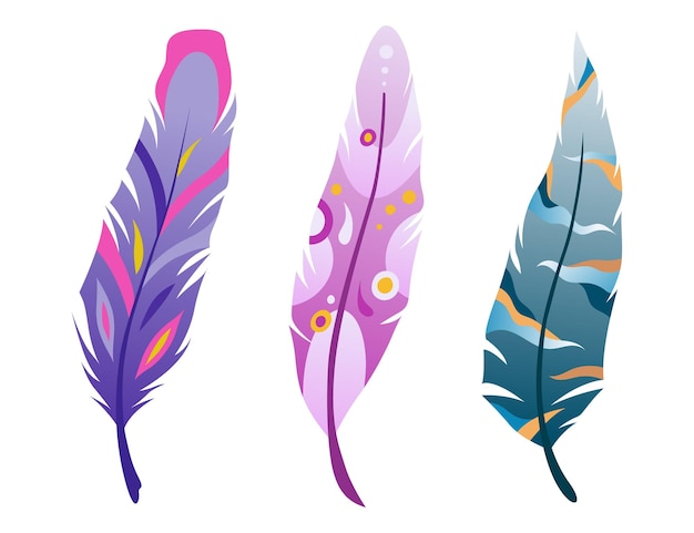 Vintage feathers. Blue, pink and purple feathers.