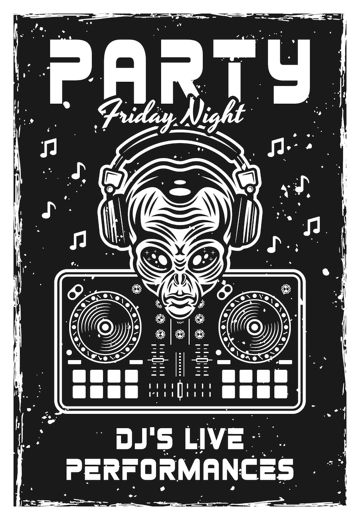 Vector vintage feest poster met een buitenaardse hoofd in koptelefoon met een dj mixer controller perfect voor edm evenementen club flyers en sci-fi thema ontwerpen vector illustratie