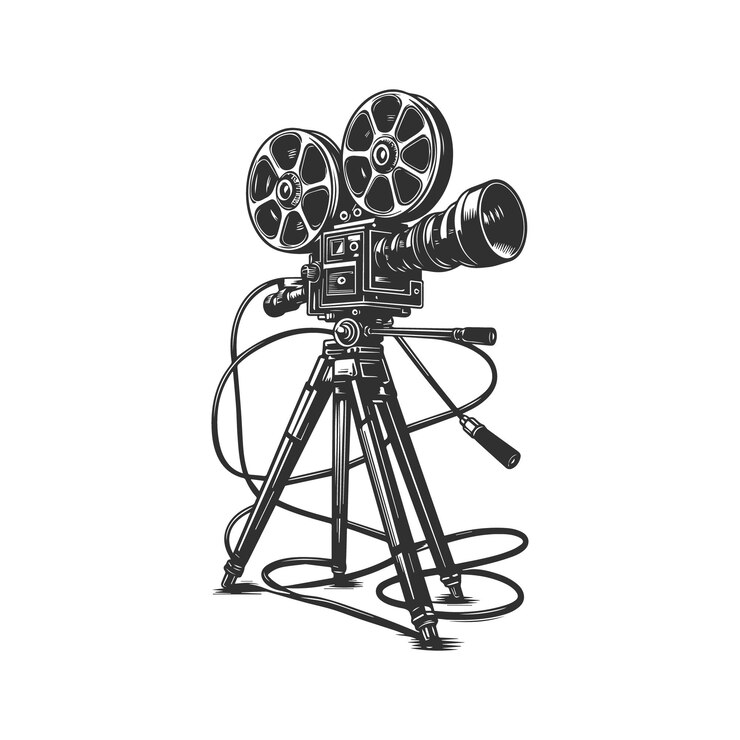 Vector a vintage film camera on a long thin tripod with dual film reels and a lens hood illustration