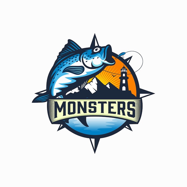 Modello di logo del torneo di pesca d'epoca isolato